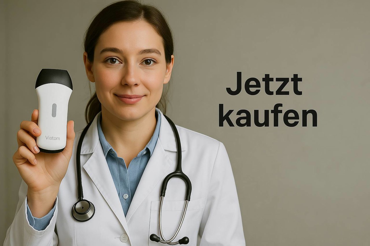 Ärztin in weißem Kittel hält ein Viatom-Gerät in der Hand. Text: Jetzt kaufen.